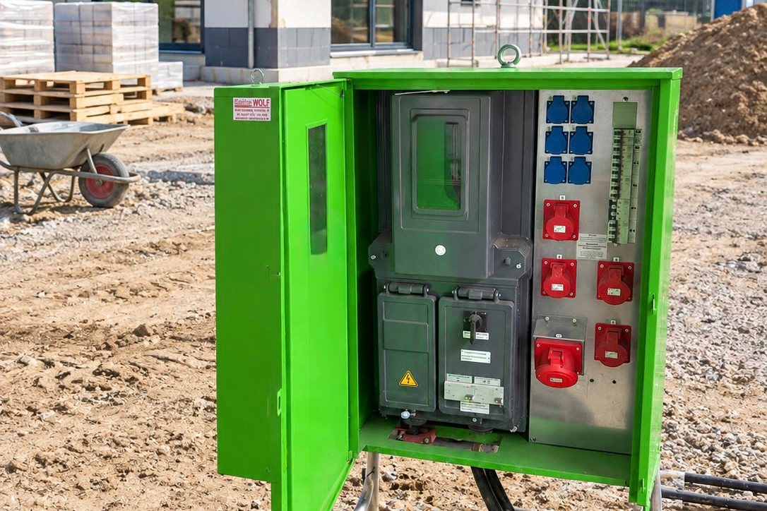 Grüner Baustromkasten von Elektro Wolf auf einer Baustelle